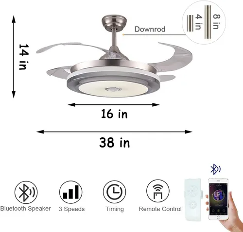 Vista 2 de Makewa Ventilador de techo retráctil de 36 pulgadas con altavoz Bluetooth, moderno ventilador de araña con control remoto de 3 velocidades