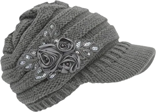 Vista 16 de C-US Gorro de invierno para mujer de punto con ala tejida y visera con detalle de flor Negro