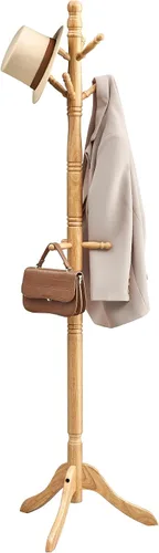 Vista 7 de VASAGLE Perchero de madera maciza y soporte, árbol de pasillo independiente con 10 ganchos para sombreros, bolsos, carteras, para entrada, pasillo