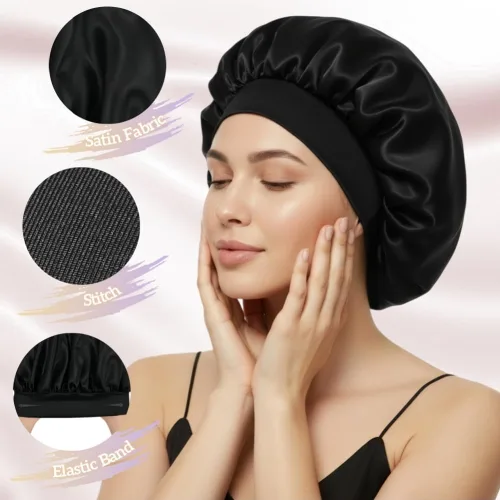 Vista 3 de Silk Bonnet for Women Curly Hair, Large Satin Bonnet Sleeping Cap for Men Negro