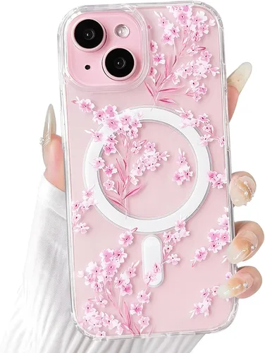 Vista 34 de NITITOP Funda magnética transparente compatible con iPhone 14 Plus/15 Plus, compatible con MagSafe lindas flores, hojas florales para mujeres