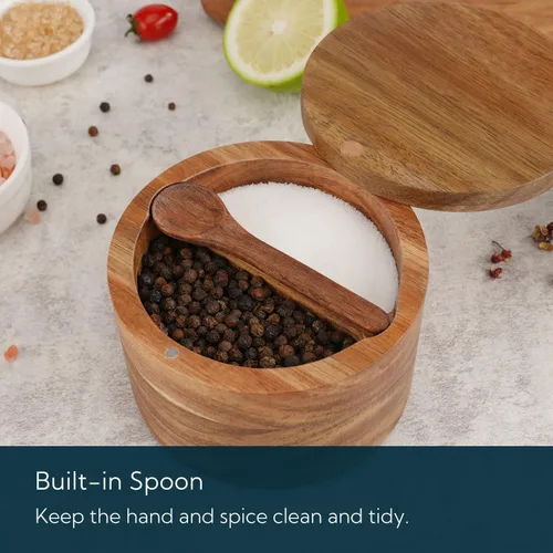 Vista 3 de KITCHENDAO Caja de Tazón de Sal y Pimienta de Madera de Acacia, Cuchara Incorporada, Contenedor de Condimentos de Especias de Dos Compartimentos