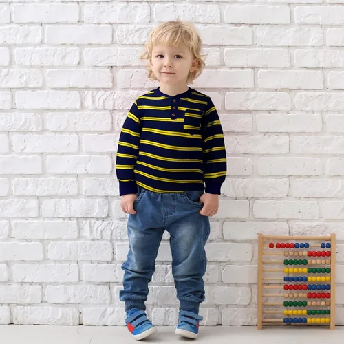 Vista 6 de Cooraby Paquete de 4 camisetas de manga larga para niños pequeños a rayas con bolsillo de algodón suave