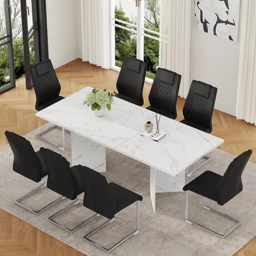 Vista 10 de Juego de mesa de comedor extensible de 63 a 79 pulgadas para 4, juego de mesa de cocina de mármol sintético blanco para 4, juego de mesa de comedor