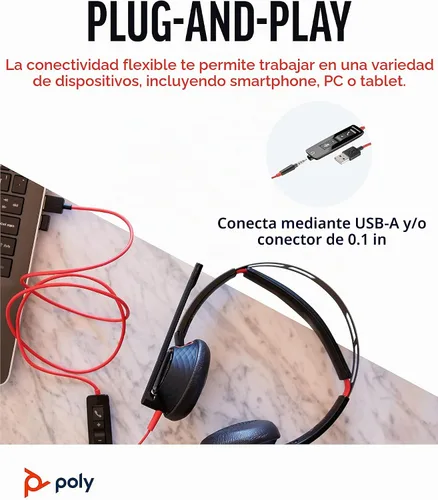 Vista 6 de Poly Blackwire 5220 (Plantronics) - Audífonos estéreo de cable con conexión USB-A y 3.5 mm y micrófono Boom para computador, conecta a tu PC, Mac