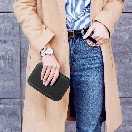 Vista 7 de FEISCON Joyero pequeño organizador de almacenamiento para collares, anillos, mini joyero, organizador de joyas de viaje de doble capa para mujeres