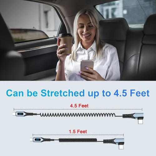 Vista 5 de Cable USB C a USB C en espiral de 4.5 pies, cable de carga tipo C a tipo C con pantalla LED retráctil de 60 W, cable de carga rápida para automóvil