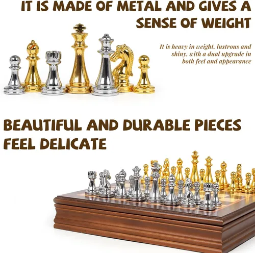 Vista 2 de Juego de ajedrez de metal de 12 pulgadas con tablero de madera para niños y adultos, piezas de ajedrez dorado y plateado, tablero de ajedrez pequeño
