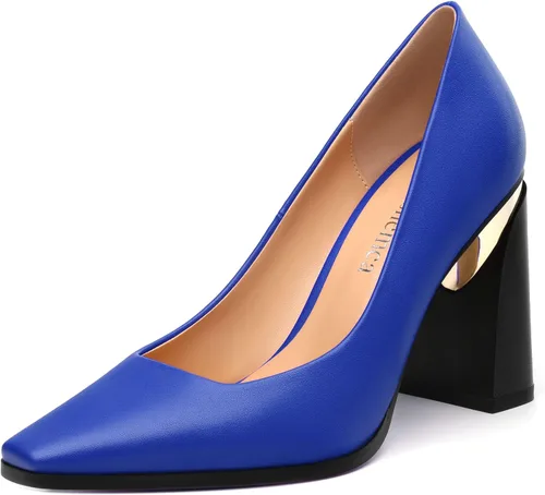 Vista 34 de Tacones altos para mujer, zapatos de vestir de tacón grueso con puntera cuadrada cerrada de patente, tacones elegantes, zapatos de vestir diarios