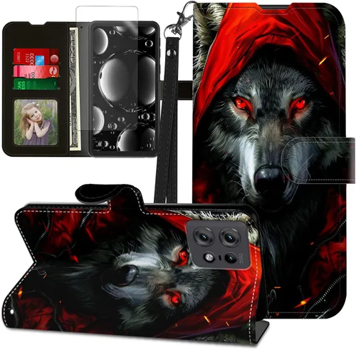 Vista 301 de Funda para Motorola Edge 2022 con protector de pantalla, soporte y tarjetero y correa para la muñeca, funda magnética para Moto Edge 2022 5G UW Lobo