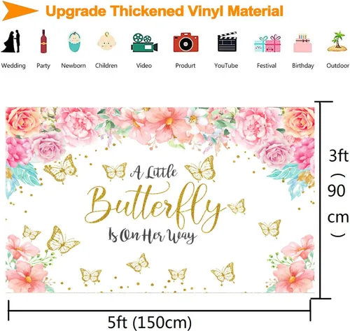 Vista 5 de Telón de fondo de mariposa para baby shower, con texto en inglés "A Little Butterfly is On Her Way", fondo de baby shower, fondo de mariposa floral