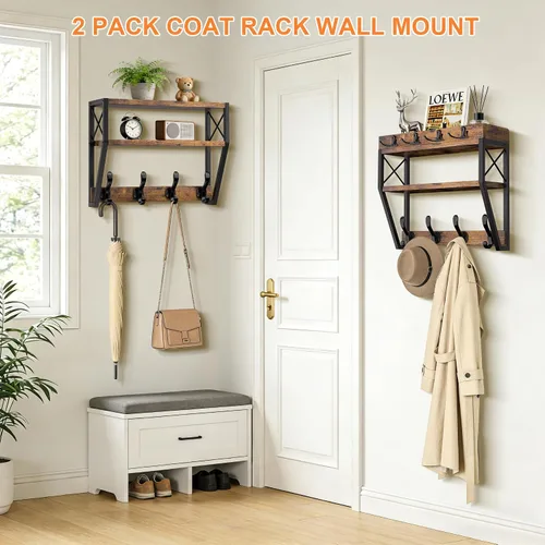 Vista 5 de Perchero grande mejorado de 3 niveles con estante, soporte de pared versátil 4 en 1 para colgar abrigos y llaves, estante de pared de entrada de 32