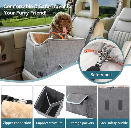 Vista 4 de Petsfit Asiento de automóvil para perros pequeños, asiento elevador de automóvil de viaje para mascotas con cinturón de seguridad, cojín lavable