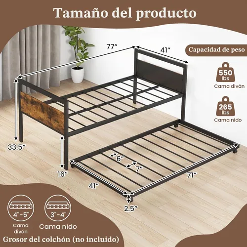 Vista 2 de KOMFOTT Sofá cama de metal de tamaño individual con nido, marco de sofá cama con cabeceras de madera, soporte de listones de metal, marco de sofá