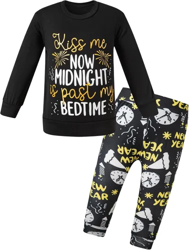 Vista 2 de LATOBREATH Conjunto de traje de año nuevo Kiss Me Now para niño pequeño con letras impresas en la parte superior de los pantalones lindos