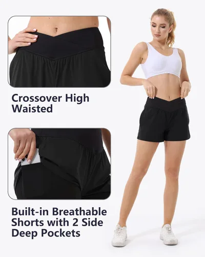 Vista 4 de HARTPOR Pantalones cortos deportivos 2 en 1 de secado rápido para mujer, cintura cruzada con bolsillos, forro de malla para entrenamiento, gimnasio