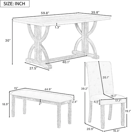 Vista 90 de Juego de mesa de comedor vintage de 6 piezas, juego de mesa de comedor de cocina de madera maciza con 4 sillas ergonómicas acolchadas y banco, mesa