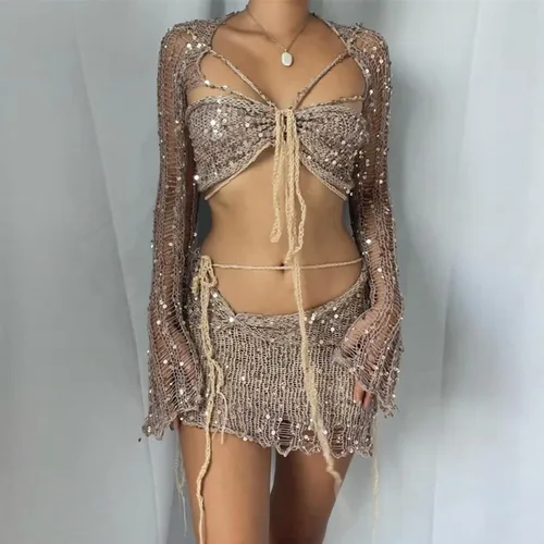 Vista 4 de Akloker Conjunto de falda de 3 piezas con lentejuelas para mujer, Y2K, de punto, de ganchillo, manga larga, halter, cárdigan, falda corta, trajes