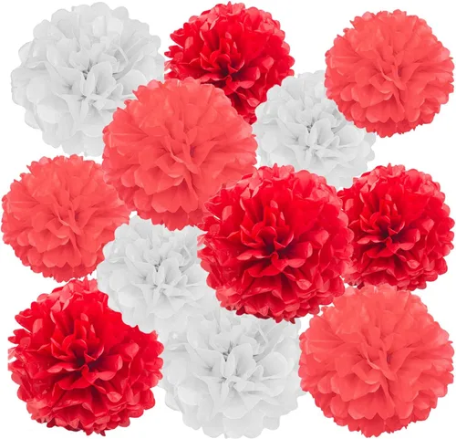 Vista 8 de GAKA Pompones de papel de seda rosa intenso (rojo rosa), rosa y naranja, decoraciones para fiestas, flores de seda colgantes de 10 y 12 pulgadas, 12