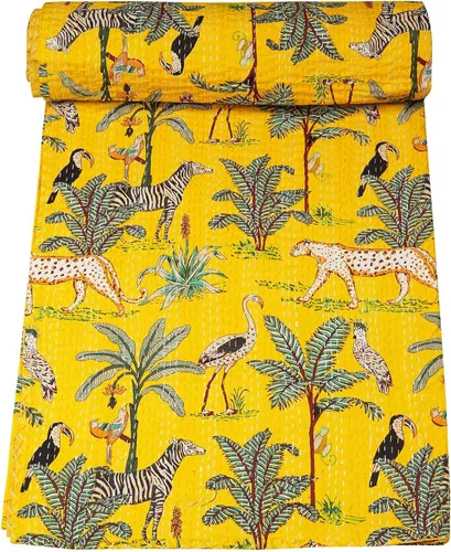 Vista 11 de Marubhumi Edredón tradicional indio de algodón puro con estampado de selva Kantha, funda de cama, colcha Kantha con estampado de animales, Gris
