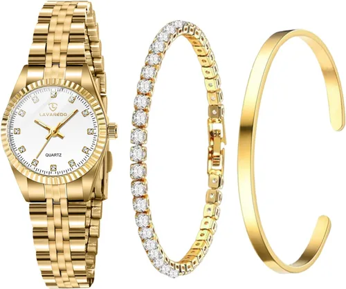 Vista 9 de Juego de reloj de oro para mujer, chapado en oro de 18 quilates, brazalete brazalete anillo para mujer, delicado reloj analógico impermeable