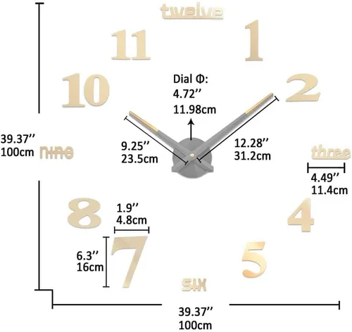 Vista 3 de VANGOLD Reloj de pared DIY sin marco, espejo 3D, gran silencio, calcomanías de pared para sala de estar, dormitorio, decoración del hogar Dorado