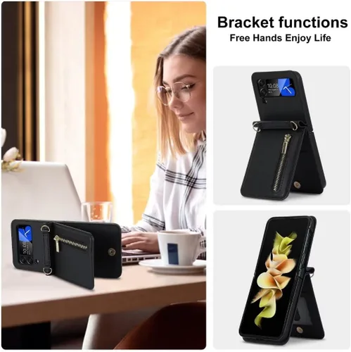 Vista 5 de Funda de lujo con cremallera para Samsung Galaxy Z Flip 3, con función atril, tarjetero ajustable, correa cruzada ajustable, funda con tapa a