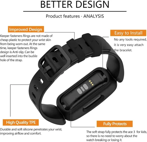 Vista 5 de Correas compatibles con Fitbit Ace 3, silicona suave, impermeable, accesorios de pulsera de reloj deportivo, correa de repuesto para Fitbit Ace 3