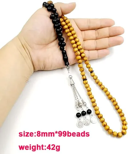 Vista 6 de ALBASHAN Tasbih - Cuentas de madera de haya natural con ónix 99/100 cuentas de oración musulmana misbaha, regalo de Ramadán Eid