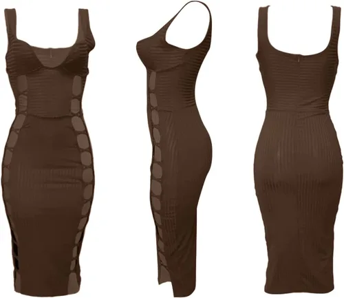 Vista 7 de acelyn Vestido ajustado con tirantes delgados para mujer, sexy, cuello en V profundo, sin mangas, con abertura, vestido midi para fiesta, club