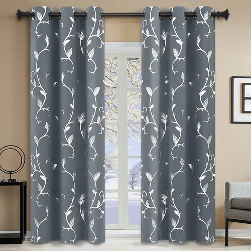 Vista 73 de BUHUA Juego de 2 paneles de cortinas opacas con estampado de vid plateada, cortinas con aislamiento térmico para oscurecer la habitación