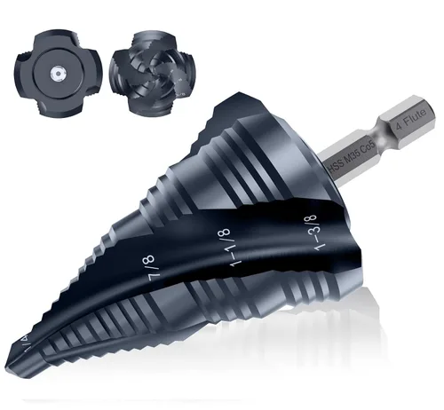 Vista 22 de Broca de cuatro Sprial Flauta M35 de cobalto, 1/4"-1-1/8" Ultra TiAIN recubierta Unibit broca, broca de vástago hexagonal de 1/4" para metal, acero