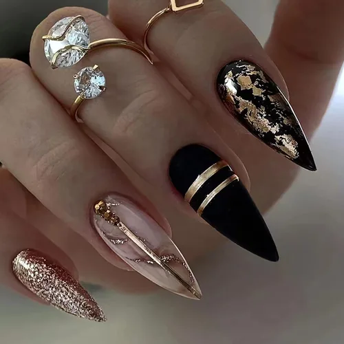 Vista 17 de Uñas postizas cortas francesas en forma de almendra con diseño de línea dorada y estampado de leopardo, uñas artificiales acrílicas de cobertura