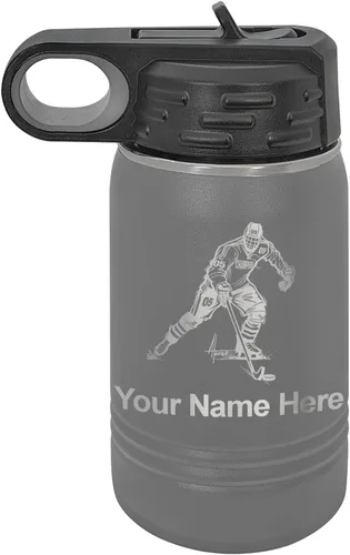 Vista 71 de LaserGram Botella de agua personalizada, jugador de hockey, acero inoxidable de doble pared aislada al vacío con popote superior, regalo grabado