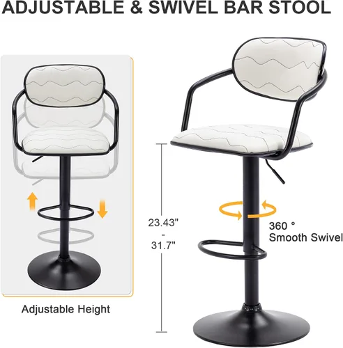 Vista 3 de VECELO Juego de 2 taburetes de bar, taburetes de bar ajustables con respaldo y brazo, sillas de bar giratorias/taburetes de isla de cocina de piel