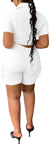 Vista 2 de Umenlele Conjunto de 2 piezas para mujer, cuello en V, manga corta, vendaje, ombliguera, conjunto de sudadera corta con bolsillo