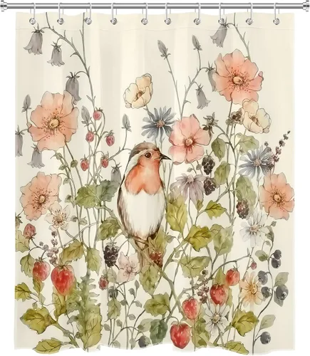Vista 2 de Floral Shower Curtain Watercolor Flower Plant Leaves Strawberry on Beige Shower Curtains Aesthetic Botanical Birds Bathroom Curtain 60x70 Inch