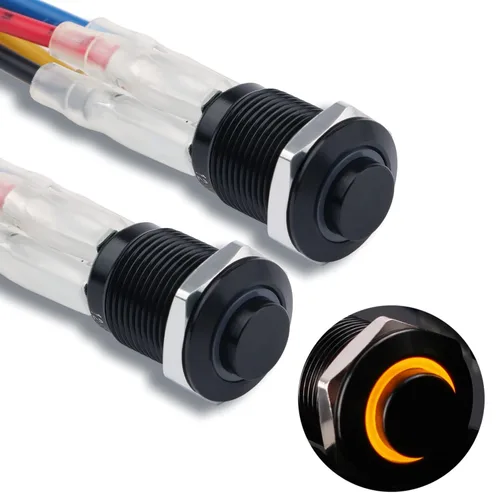 Vista 10 de 2 interruptores de botón de metal con pestillo de 0.472 pulgadas, cabeza elevada de 12 V-24 V, 4 pines de encendido y apagado, 1 no, carcasa negra