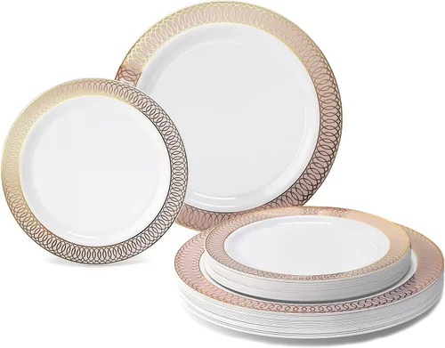 Vista 19 de OCASIONES" Paquete de 50 platos (25 invitados) - Juego de platos de plástico desechables pesados para fiestas de boda - 25 x 10.5'' cena + 25 x