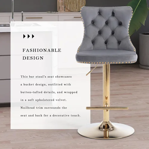 Vista 191 de SoarFlash Juego de 2 taburetes de bar tapizados de terciopelo moderno con patas de madera, botones acolchados, cabeza de clavo cromada, asiento