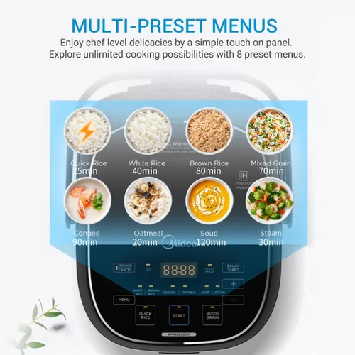 Vista 4 de Midea Olla arrocera de 3 litros con cesta de vapor, capacidad de 6 tazas sin cocer, calefacción por inducción y tecnología de lógica difusa, inicio