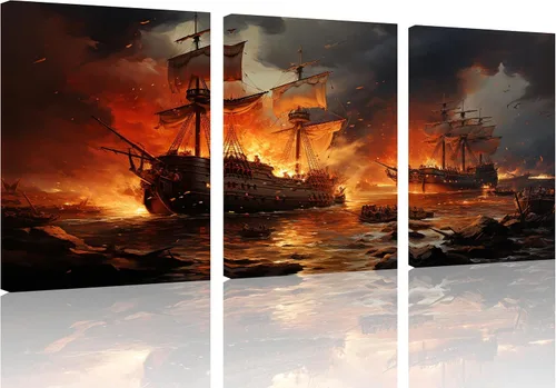 Vista 21 de TutuBeer 3 Piezas Arte de Pared Batalla Naval Barco Imagen Barco Pirata Velero Póster Barco Pirata Azul en Llamas Imagen Impresa en Lienzo Póster