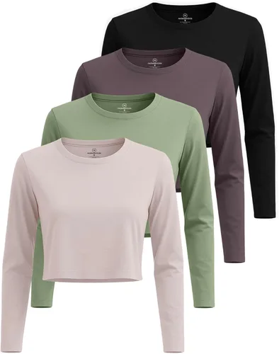 Vista 9 de Real Essentials 4 Pack: Camiseta de manga larga y cuello redondo para mujer, de algodón, recortada - Camiseta casual corta