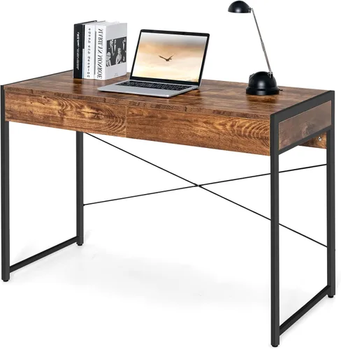 Vista 12 de Tangkula Escritorio para computadora con 2 cajones, escritorio de estudio de madera simple con marco de acero, estación de trabajo para computadora
