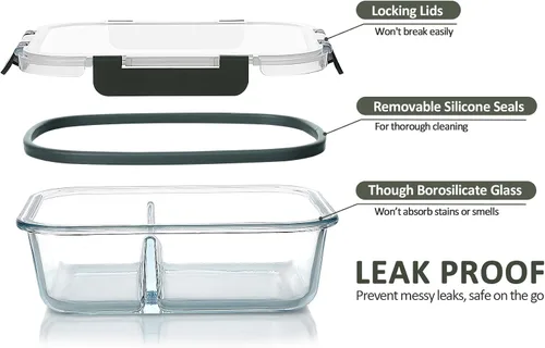 Vista 3 de M MCIRCO - Paquete de 10, 30 onzas, 2 compartimentos de vidrio para preparación de comidas con tapas Divided Glass Food Storage Containers