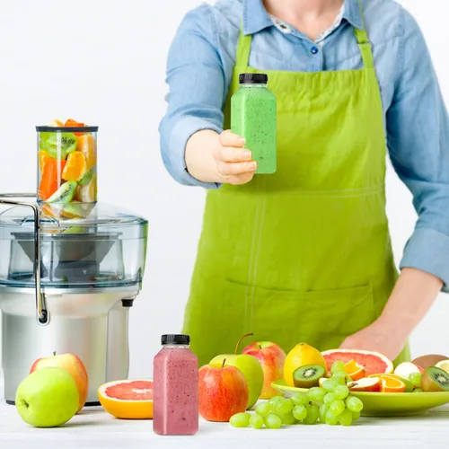 Vista 2 de Paquete de 12 botellas de plástico para jugo de 8 onzas con tapas negras de manipulación, botellas transparentes para batidos para bebidas caseras