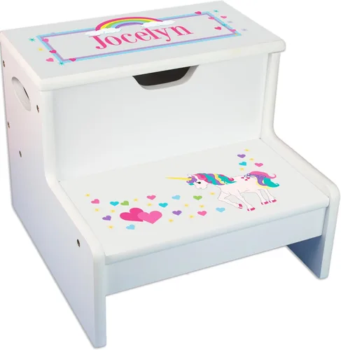 Vista 11 de Taburete para niños con guirnalda floral rosa y gris con almacenamiento (guirnalda de mariposas brillantes)