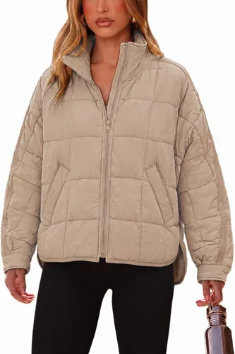 Vista 8 de Omoone Chaqueta acolchada con cremallera para mujer, ligera y acolchonada, con capucha, de gran tamaño Verde militar