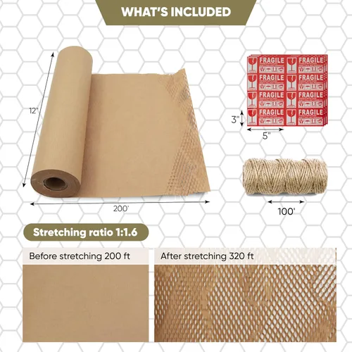 Vista 4 de Papel de embalaje de panal de 12 x 200 pies para mudanza, más calcomanías frágiles y cordel de yute. Materiales de embalaje ecológicos alternativos