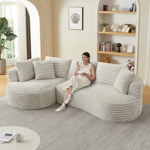 Vista 18 de KEVINSPACE Sofá curvo de 101 pulgadas, 4 asientos, moderno sofá de tela boucle de lujo, sofás de respaldo curvado de mediados de siglo, moderno